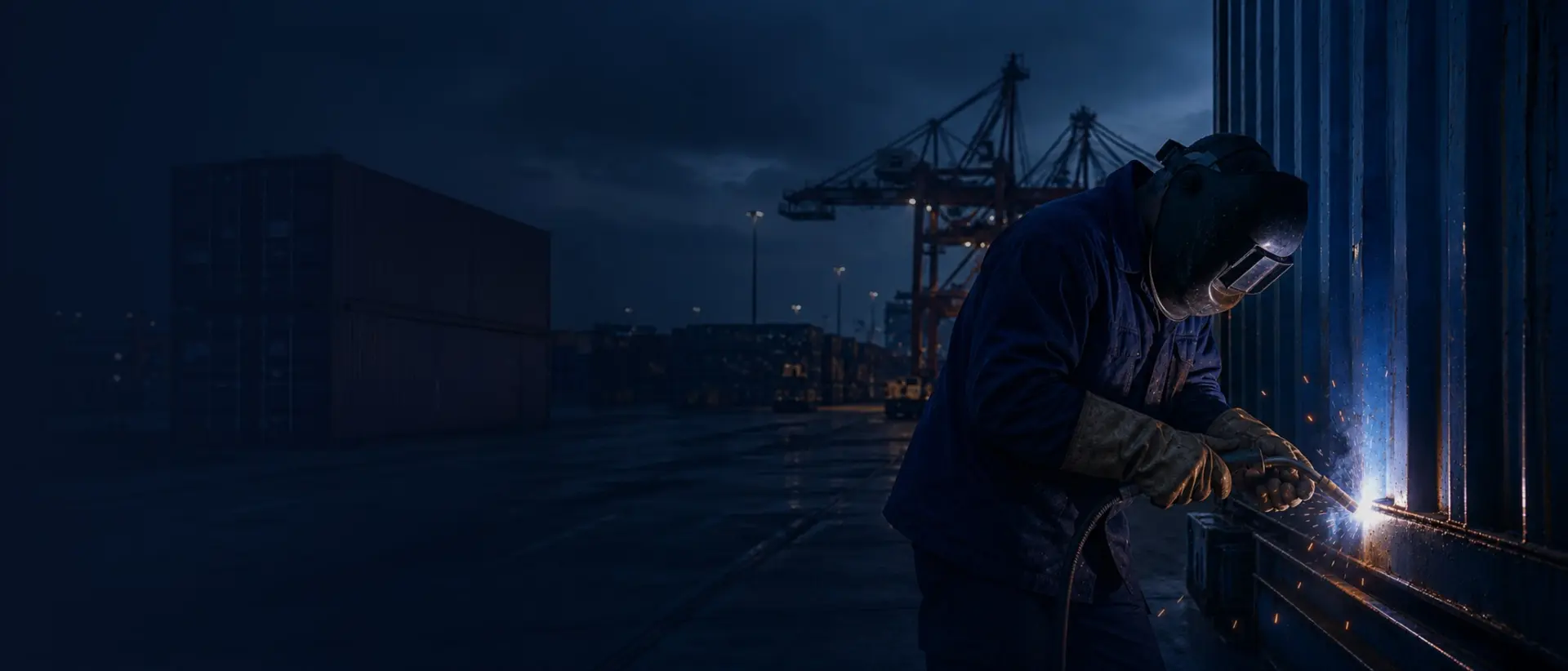 Lasser aan het werk bij een container